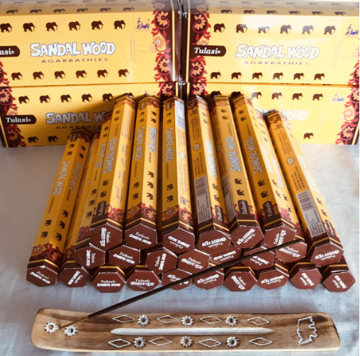 Tulasi Sandalwood agarbathies incense 24 packs x 20 sticks = 480 sticks with a mangowood incense holder for free.