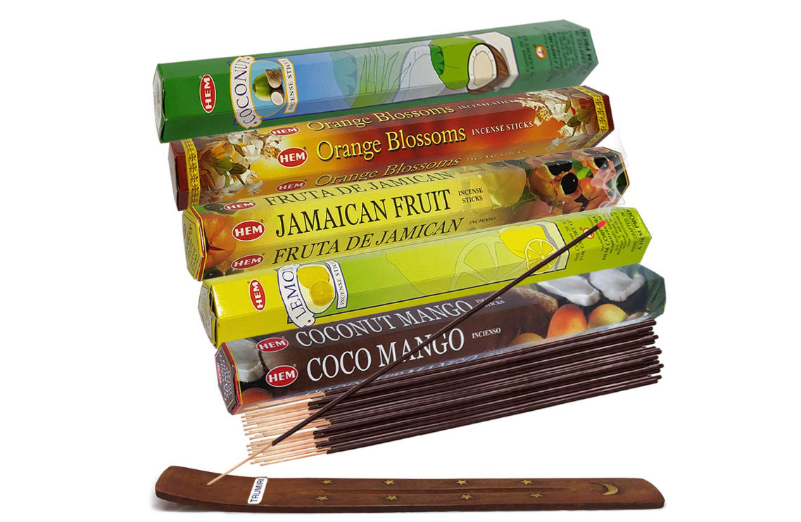 Incense Hem 25 packs x 20 sticks = 500 sticks of different scented incense + incense holder made of mango wood