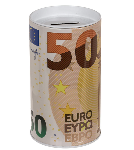 Piggy bank 50 euro note 8 x 15 cm - Tin/metal piggy banks with euro notes