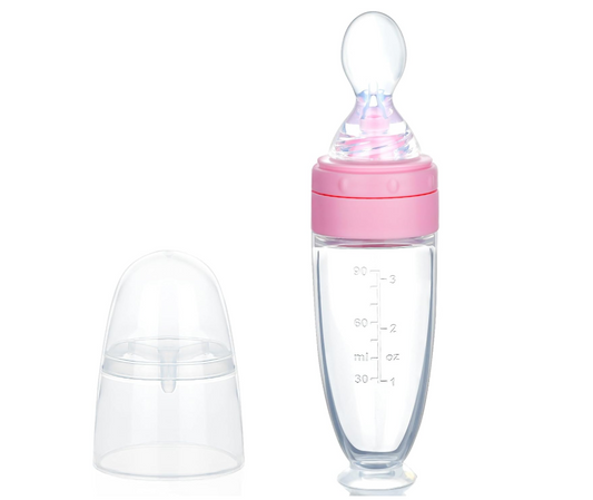 Squeeze bottle with spoon - Non-spill spoon - Silicone baby bottle - Baby cutlery - Dosing bottle - Feeding spoon - Baby spoon - Fruit puree - Baby food - Fruit puree - Vegetable puree - BPA free - 90 ml - Pink