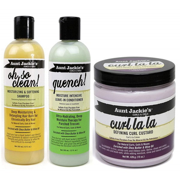 Aunt Jackie’s Combo Deal – Aunt Jackie’s Oh So Clean Shampoo, Quench Leave In Conditioner & Curl La La